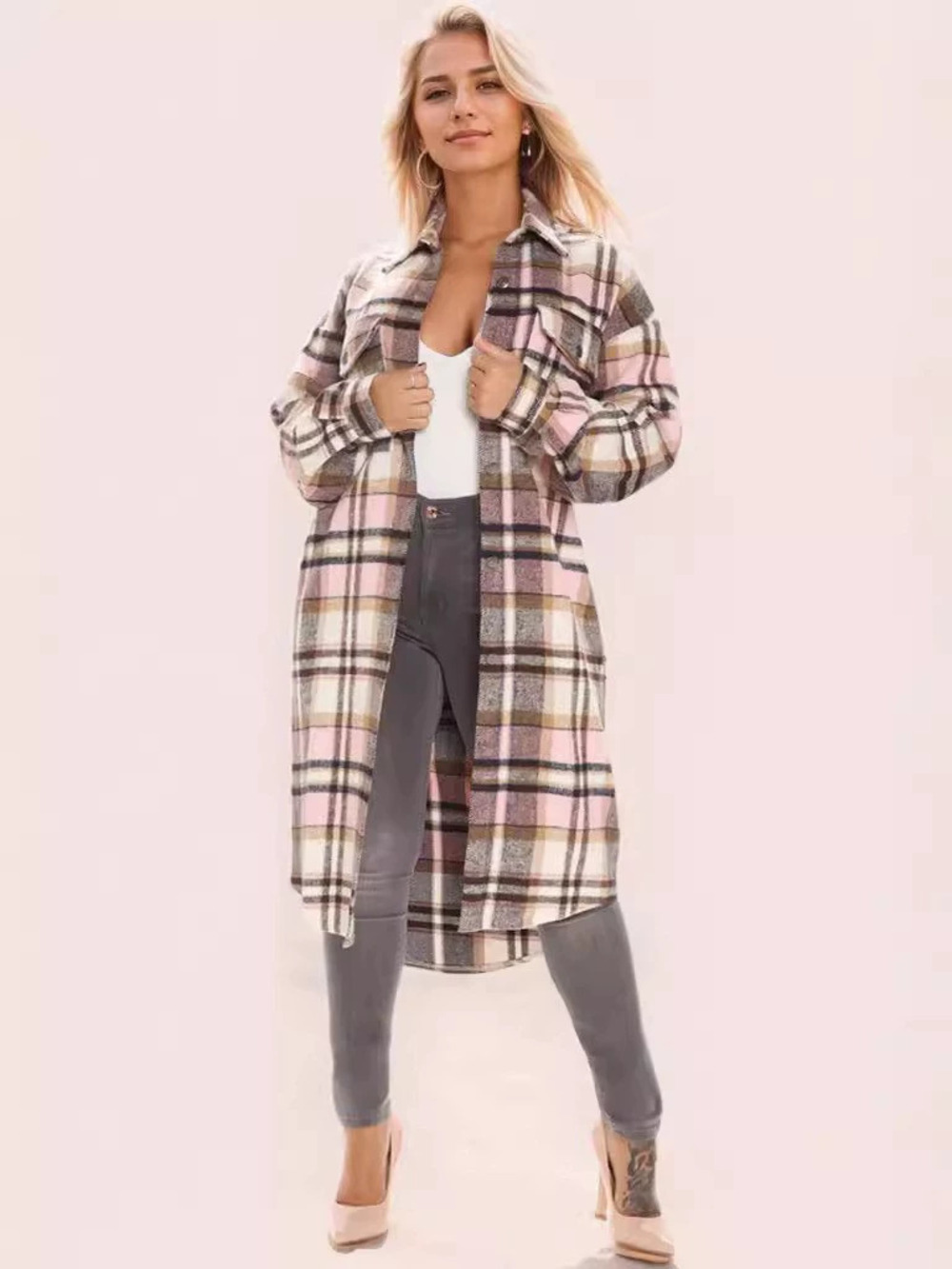 Zara Plaid Print Button Front Streamlined Trench Coat
